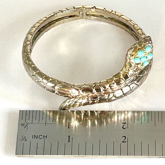 Hinged Silver Snake Reptile 🦎 Bangle Bracelet Faceted Faux Turquoise Blue Eyes - Picture 8 of 16
